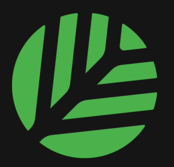 A stylized green logo featuring an abstract tree with branches set against a circular black background.