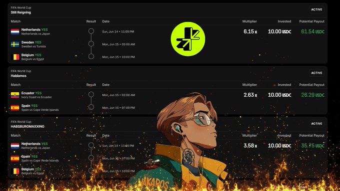 The image shows an interactive graph of a game's progress, with a person wearing glasses and a helmet holding up a sign saying "4x". The background of the image features a yellow flame-like shape that matches the color of the neon logo on the poster above the player's head. Below the person's head, there is text explaining how they won the game by getting four times the number of points or more in each match.