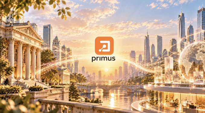 Branding image for 'primus' featuring its orange logo overlaid on a futuristic cityscape with classical architecture, a river, and glowing light trails.