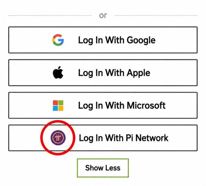 The image shows an app screen with four different options for logging into a network, including Google, Apple, Microsoft, and Windows. The main focus of the image is a purple circle containing the text "Log In With Pi Network" at its center. This indicates that the user has to click on this button to log in using their Pi Network account.