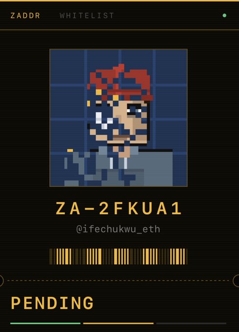 A ZADDR digital whitelist card marked 'PENDING' for the user '@ifechukwu_eth' with ID 'ZA-2FKUA1', featuring a pixel-art character wearing a red hat and holding a cigar.