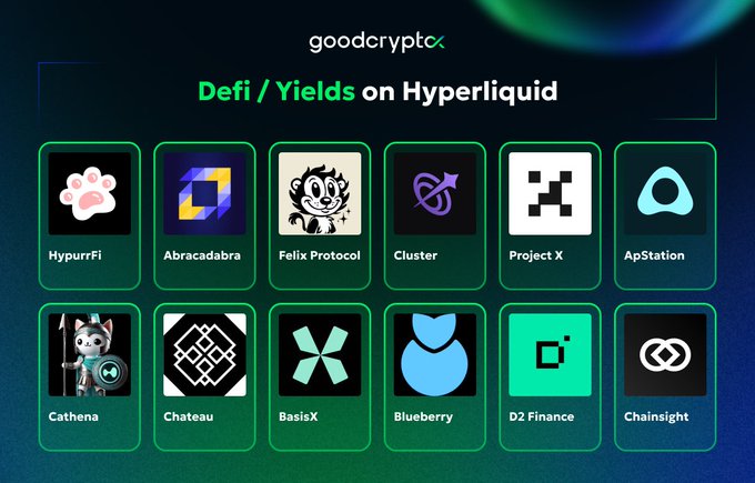 A "goodcrypto" guide showcases DeFi/Yields on Hyperliquid, displaying 12 project logos including HypurrFi, Abracadabra, Felix Protocol, Cluster, Project X, ApStation, Cathena, Chateau, BasisX, Blueberry, D2 Finance, and Chainsight.