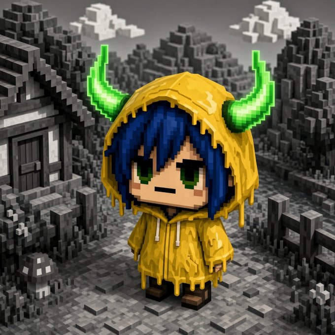 A pixel-art style character with blue hair and green glowing horns wearing a dripping yellow hooded raincoat, standing in a grayscale Minecraft-like environment.
