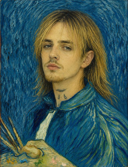 An artistic oil painting-style portrait of a young man with long blonde hair, a small chin beard, and a teardrop tattoo on his neck, holding a paintbrush and palette in blue-toned attire.