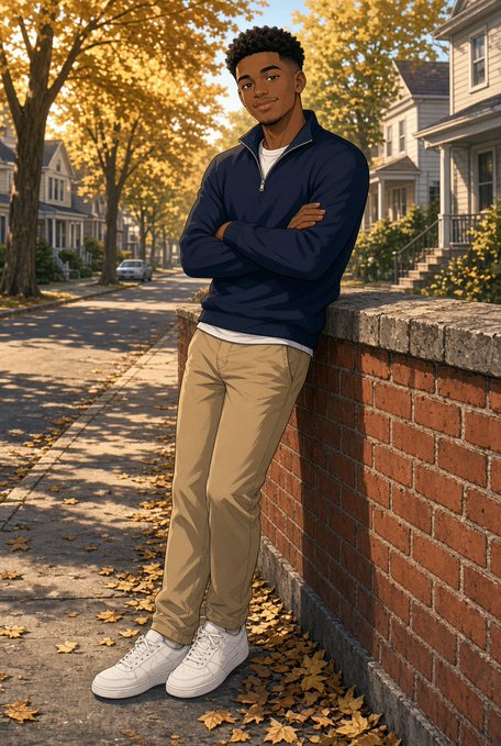 An illustrated young man in a navy quarter-zip sweater, khaki pants, and white sneakers leans casually against a brick wall on an autumn street lined with fallen leaves.