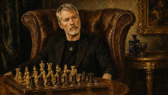 The image features an older man sitting at a table with a chessboard in front of him. The painting portrays the man as a serious figure, possibly contemplating his next move during a game of chess. The scene takes place indoors, with a chair visible behind the man and another chair nearby. There are also two wine glasses on the table, suggesting that this could be an art gallery or a sophisticated setting for socializing. The painting seems to be related to Bitcoin, as indicated by the post's description.