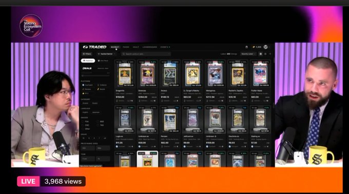 A live stream screenshot showing two men discussing what appears to be a Tradable marketplace for trading cards, with 'LIVE 3,968 views' displayed.