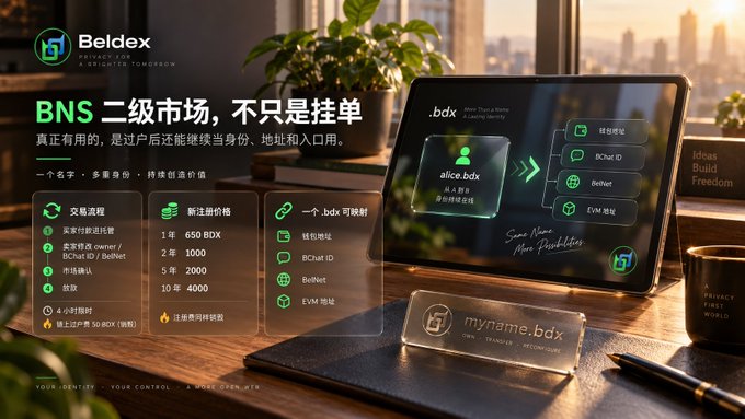 A promotional banner for Beldex's BNS (.bdx) secondary market, featuring 'alice.bdx' identity mapping to chat ID, BChat ID, BelNet, and EVM addresses, with pricing tiers for 1-10 year registration.