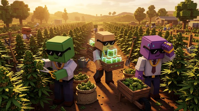 A Minecraft-style 3D render of three blocky characters wearing sunglasses and gold chains harvesting cannabis plants in a field at sunset, carrying baskets of glowing green blocks.