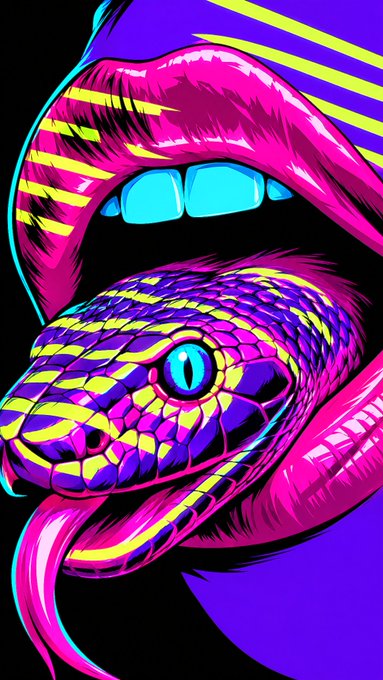 The image features a striking neon pop-art style illustration of pink lips with teeth revealing a snake with yellow and purple scales and a blue forked tongue against a dark backdrop.