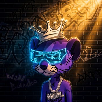A neon-lit cartoon bear character wearing a crown, futuristic blue visor glasses, and a silver chain necklace, standing against a graffiti-covered brick wall.