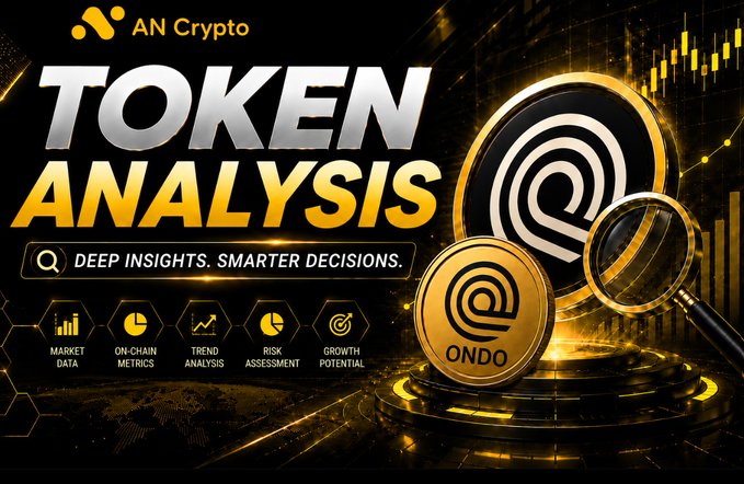A promotional graphic for 'AN Crypto' advertising 'TOKEN ANALYSIS' with the tagline 'DEEP INSIGHTS. SMARTER DECISIONS.', featuring large gold coins labeled 'ONDO' alongside icons for market data and risk assessment.