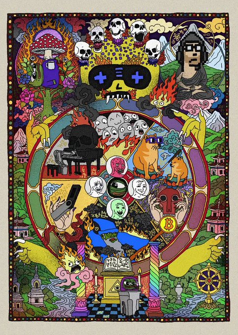 A colorful, intricate illustration features numerous symbols including skulls, a piano, a dinosaur, pagodas, a Buddha figure, mountains, and a Bitcoin logo arranged in a mandala-like composition.