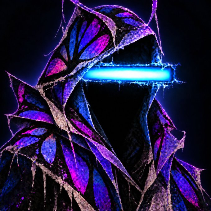 A digital artwork of a hooded figure in purple and blue armor with a glowing blue visor across the face, set against a dark background.