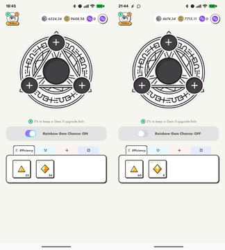 A side-by-side comparison of two mobile app screenshots showing a circular radar-like interface with Chinese characters, displaying efficiency stats of 6334.36 / 9688.58 and 4674.34 / 1773.71.