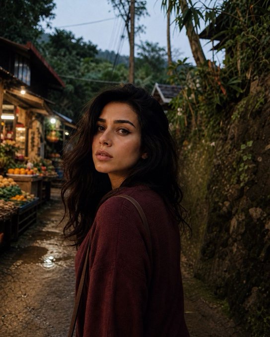 A woman with long dark hair wearing a maroon sweater turning to look at the camera in a lush, tropical village setting at dusk.