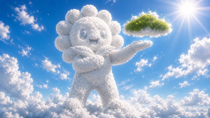 A whimsical 3D-rendered cloud character with a smiling face holding up a small floating patch of green grass against a bright blue sky with sun rays.