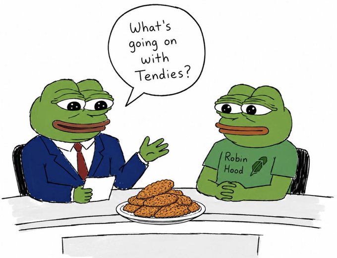 A Pepe the Frog in a suit interviews another Pepe wearing a "Robin Hood" shirt about "Tendies" with a plate of chicken tenders on the table, satirizing the absurdity of news outlets covering a meme token called $tendies on Robinhood as a multi-billion dollar venture.