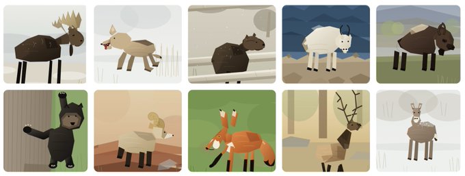 Ten low-poly style illustrations of various animals including a moose, reindeer, beaver, mountain goat, bison, black bear, sheep, fox, and deer in minimalist landscapes.