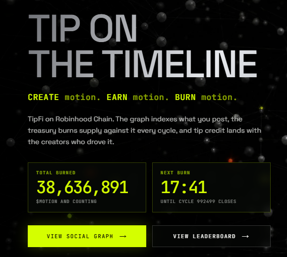 A promotional graphic titled 'TIP ON THE TIMELINE' for TipFi on Robinhood Chain explaining 'CREATE motion. EARN motion. BURN motion.' with a total burned count of 38,636,891 and a next burn countdown at 17:41.
