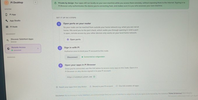 The image shows the Pi Desktop interface displaying a "Set it up in 3 steps" guide for connecting a Pi Node, including instructions to open ports, sign in with Pi (showing "Connected as willgeeblatts"), and access apps via "https://pinetest.gleek.com." The accompanying caption reflects on Solohost/Hermes processors navigating the Pi Network ecosystem, emphasizing that the node infrastructure is just beginning and positioning themselves as the professionals others will seek out—aligning with the image's portrayal of active node setup and system development.