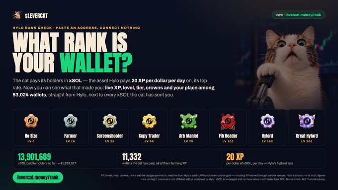 A website screenshot for 'Sleevercat' titled 'WHAT RANK IS YOUR WALLET?' showing 8 tier badges from No Sizz Lv.0 to Great Hylord Lv.250, featuring a cat illustration and stats like 13,901,689 xSOL paid to holders.
