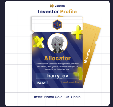 A Goldfish 'Investor Profile' card identifying user 'barry_ov' (#00300) as an 'Allocator' — the balanced type who manages portfolio like a book, with gold as the counterweight to every risk on the other side. Tagged 'Institutional Gold, On-Chain.'