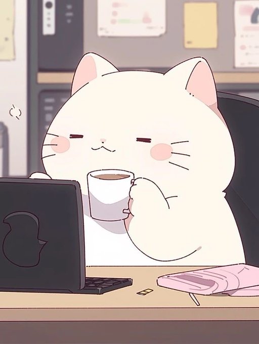 The image features a cartoon cat sitting at a desk with a laptop computer open in front of it. The cat appears to be drinking from a cup while working or browsing the internet, as if it's multitasking between work and leisure activities. The caption above the image reads "Good morning With @quipnetwork we don't wait for momentum we create it. Have a productive day ahead". This message encourages productivity and time management in the morning hours.