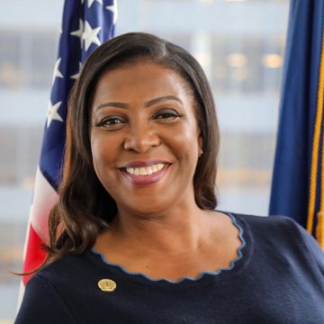 An official portrait photograph of Letitia James, the New York Attorney General, smiling in front of the American flag.