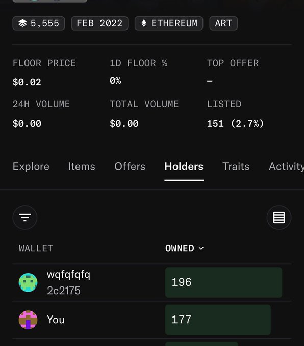 A screenshot of an NFT collection page showing 5,555 total items on Ethereum with a floor price of $0.02 and zero volume, with the "Holders" tab displaying the top holders: wallet "wqfqfqfq2c2175" owning 196 and "You" owning 177. The image directly relates to the post by showing the holder distribution of an apparently inactive collection, where the top holder owns a large share while the poster still owns a significant portion of the total supply.