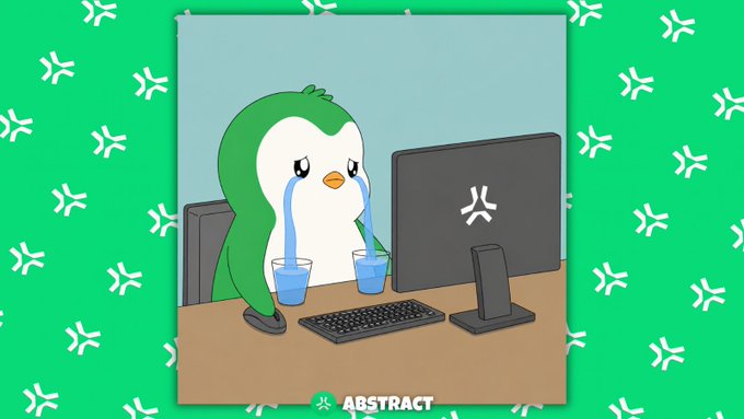 The image features a cartoon penguin sitting at a desk with a computer monitor and keyboard. The penguin appears to be crying while holding two cups of water, which suggests that it might be experiencing some sort of emotional distress or frustration related to its work on the computer. The background is green, and there are white stars scattered throughout the image, adding an abstract element to the scene. The post about Abstract Chain seems unrelated to this specific image but could potentially be a source of inspiration for the penguin's situation.