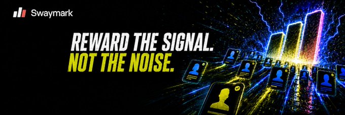 Swaymark banner with the slogan 'REWARD THE SIGNAL. NOT THE NOISE.' beside a colorful graphic of user profile icons streaming down a digital corridor.
