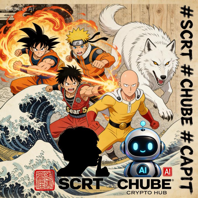 An anime-style promotional image for 'SCRT CHUBE' Crypto Hub featuring popular anime characters (Goku, Naruto, Luffy, Saitama) and a white wolf in the background, with a small AI robot in the foreground and a user's silhouette.