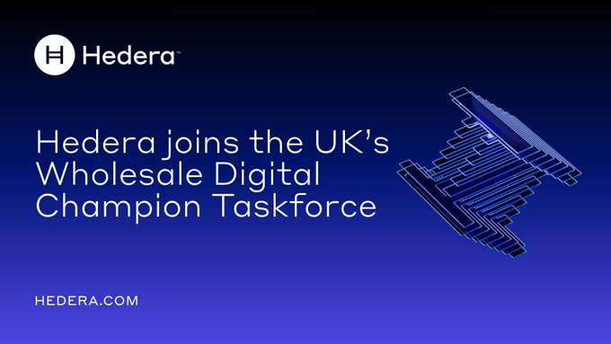 A Hedera-branded graphic on a blue gradient background announces "Hedera joins the UK's Wholesale Digital Champion Taskforce," with an abstract geometric "H" logo on the right and "hedera.com" displayed in the bottom-left corner. The image serves as the visual announcement for Hedera's official membership in the UK's Wholesale Digital Markets Champion Taskforce led by Christopher Woolard CBE and backed by HM Treasury.