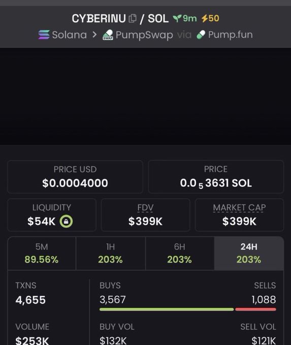 A cryptocurrency trading dashboard displays data for the token 'CYBERINU' on Solana via PumpSwap, showing a price of $0.00004000, market cap of $399K, and 203% gains over 24H.
