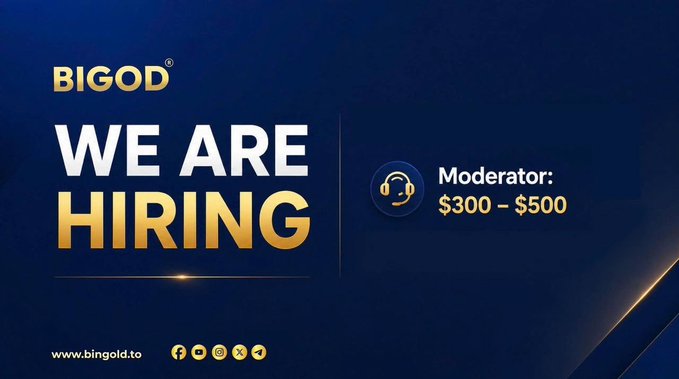 A "BIGOD WE ARE HIRING" promotional graphic advertising moderator positions with a salary range of $300–$500, featuring the website www.bingold.to and social media icons.