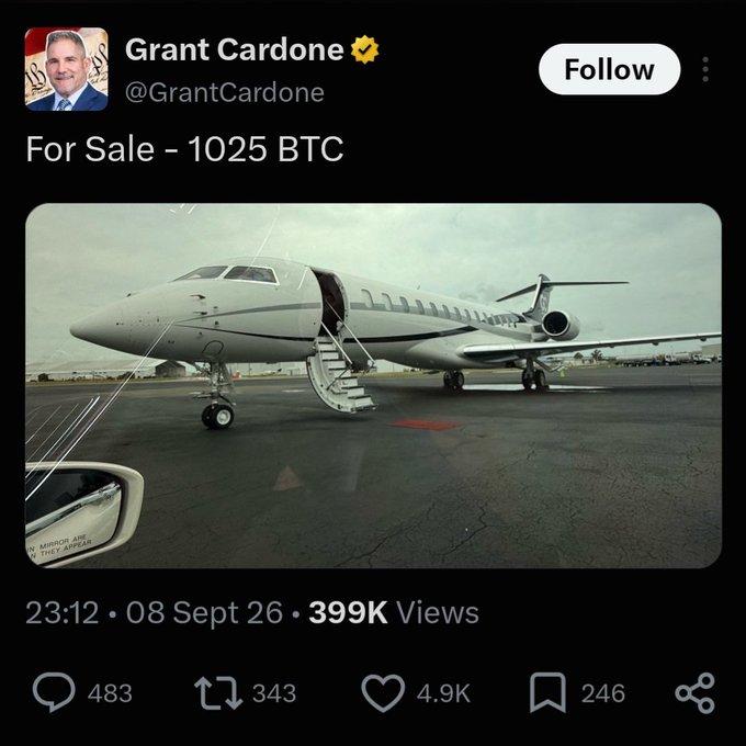 A screenshot of a tweet from Grant Cardone (@GrantCardone) advertising a private jet 'For Sale - 1025 BTC', showing the aircraft on a tarmac with 399K views.