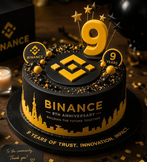 A black and gold celebratory cake decorated for 'BINANCE 9TH ANNIVERSARY - BUILDING THE FUTURE TOGETHER,' topped with a large '9' and stars, with the phrase '9 YEARS OF TRUST. INNOVATION. IMPACT.' around the base.