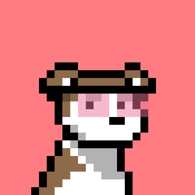 A simple pixel art image of a brown and white dog wearing a black and brown hat, set against a solid pink background.