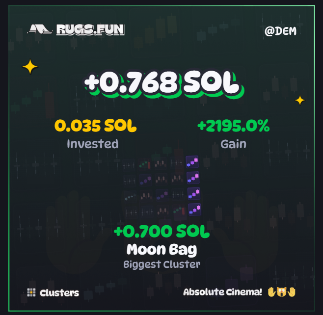 A live Rugs.fun/@DEM trading update shows **+0.768 SOL** profit, **+2195.0% gain**, with **0.035 SOL invested** and a **+0.700 SOL “Moon Bag” biggest cluster**. It ties to the post promoting live raw plays and tips at **kick.com/demauxtv**.