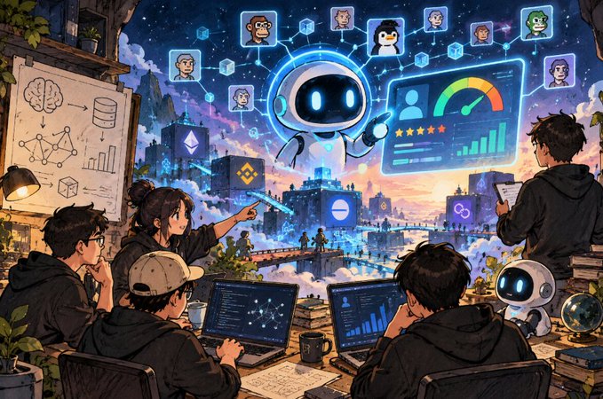 An anime-style illustration showing characters gathered around computers analyzing data while a glowing AI robot hovers above a futuristic cityscape with floating user avatars and analytics dashboards.