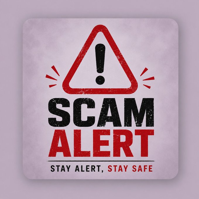 Grungy warning sign featuring a red triangle with an exclamation mark, reading 'SCAM ALERT' in black and red text, with the tagline 'STAY ALERT, STAY SAFE' below.