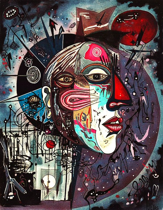 A vibrant abstract painting featuring a large, surreal face with multiple eyes in pink, blue, and red tones, surrounded by chaotic artistic elements and signed 'UFIAS' in the bottom-right corner.