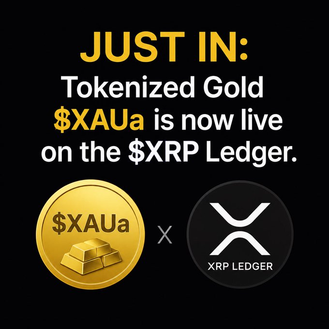The image announces that tokenized gold "$XAUa" is now live on the XRP Ledger, featuring a gold coin with "$XAUa" and gold bar imagery alongside the XRP Ledger logo. It illustrates the post's claim that real-world assets like gold are being tokenized onto the XRP Ledger, reinforcing the bullish sentiment that $XRP could reach $10,000 as it becomes the backbone of a tokenized global economy.