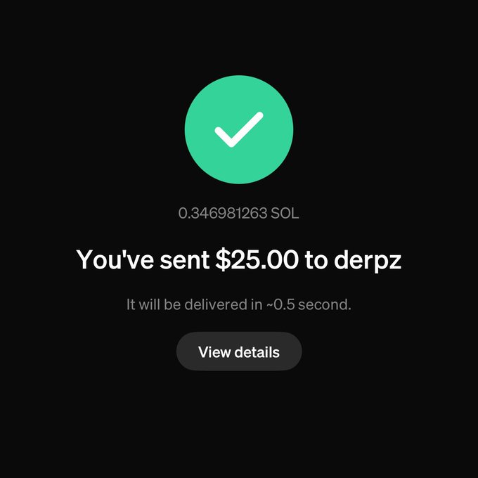 A green checkmark confirmation screen shows a successful transaction of $25.00 (0.346981263 SOL) sent to "derpz," with delivery expected in ~0.5 seconds. The post "you just got MoonPaid" humorously celebrates the recipient receiving a small crypto payment.