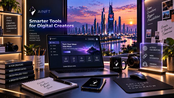 A promotional image for 'AINFT' showcases 'Smarter Tools for Digital Creators' on a laptop screen, set in a modern desk environment with a futuristic city skyline in the background.