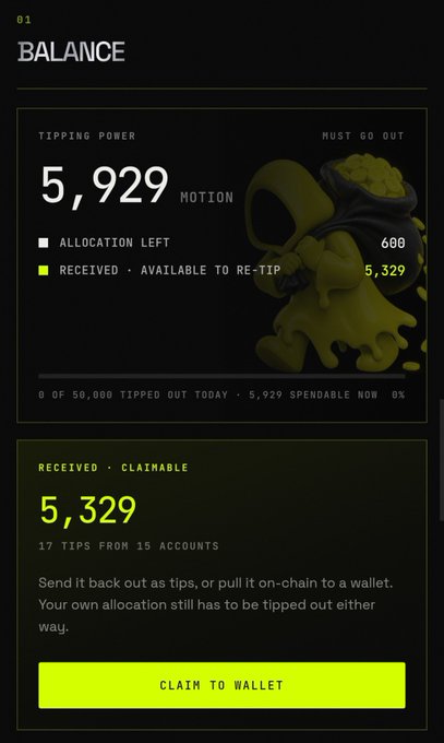 A mobile app interface showing a 'BALANCE' screen with a 'Tipping Power' of 5,929 MOTION, 600 allocation left, and 5,329 claimable, with a yellow 'CLAIM TO WALLET' button at the bottom.