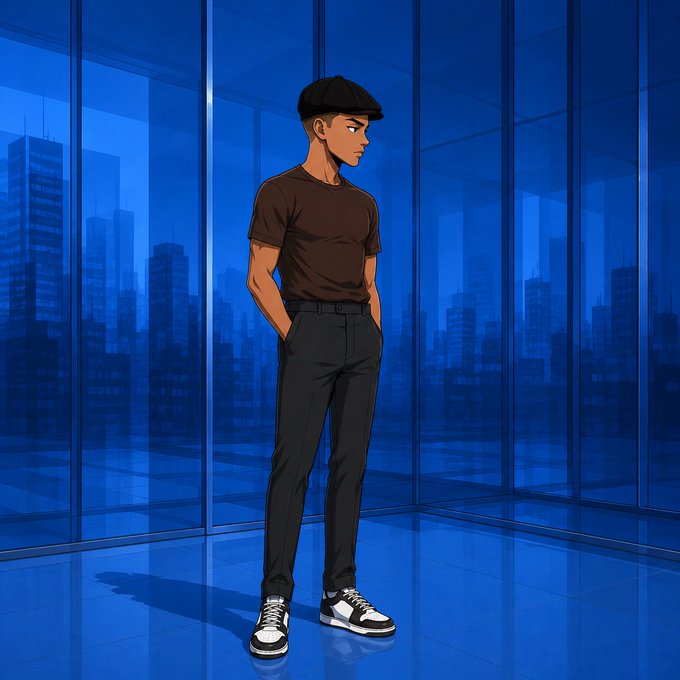 An animated illustration of a young man wearing a brown t-shirt, black pants, a black cap, and sneakers, standing with his hands in his pockets in a modern blue-tinted glass room overlooking a city skyline.
