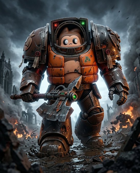A digital artwork shows a stylized, cartoonish figure with simple round eyes wearing bulky, battle-worn orange and brown power armor, wielding a large axe amid a smoky, fiery battlefield with ruined gothic architecture.