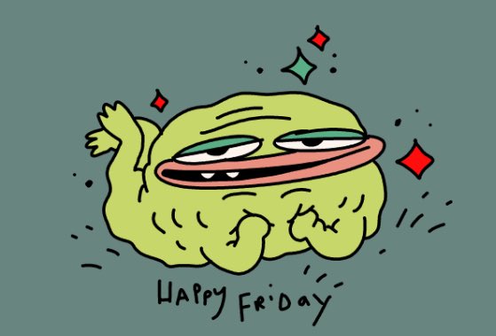 A cartoonish green, blob-like character with a wide, tired-looking smile waves next to the text 'HAPPY FRIDAY' against a green background.